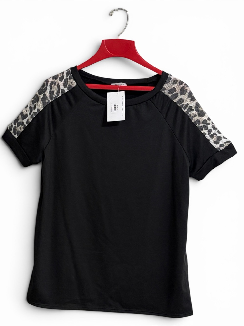 Black Short-Sleeve Tee with Leopard-Print Shoulder Panels NWT XL
